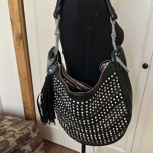 Studded Black Shoulder Bag fringes leather tassels silver studs crossbody bag